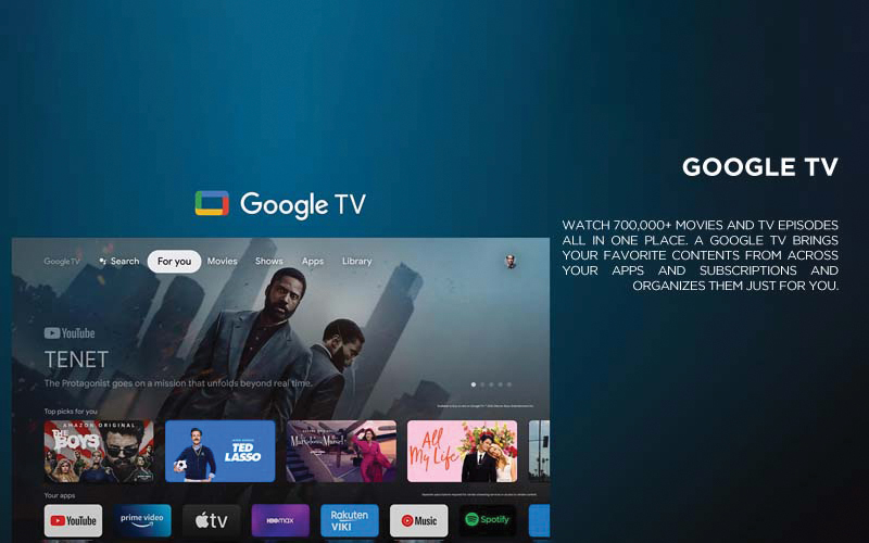 GOOGLE TV - Watch 700,000+ movies and TV episodes all in one place. A Google TV brings your favorite contents from across your apps and subscriptions and organizes them just for you.